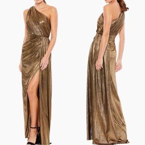 NWT Mac Duggal One Shoulder Draped Gown Gold Flowy Dress Size Womens 12